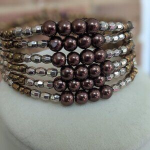 Bronze Beaded Cuff Bracelet - Wide Multi-Strand Seed Bead Bangle,